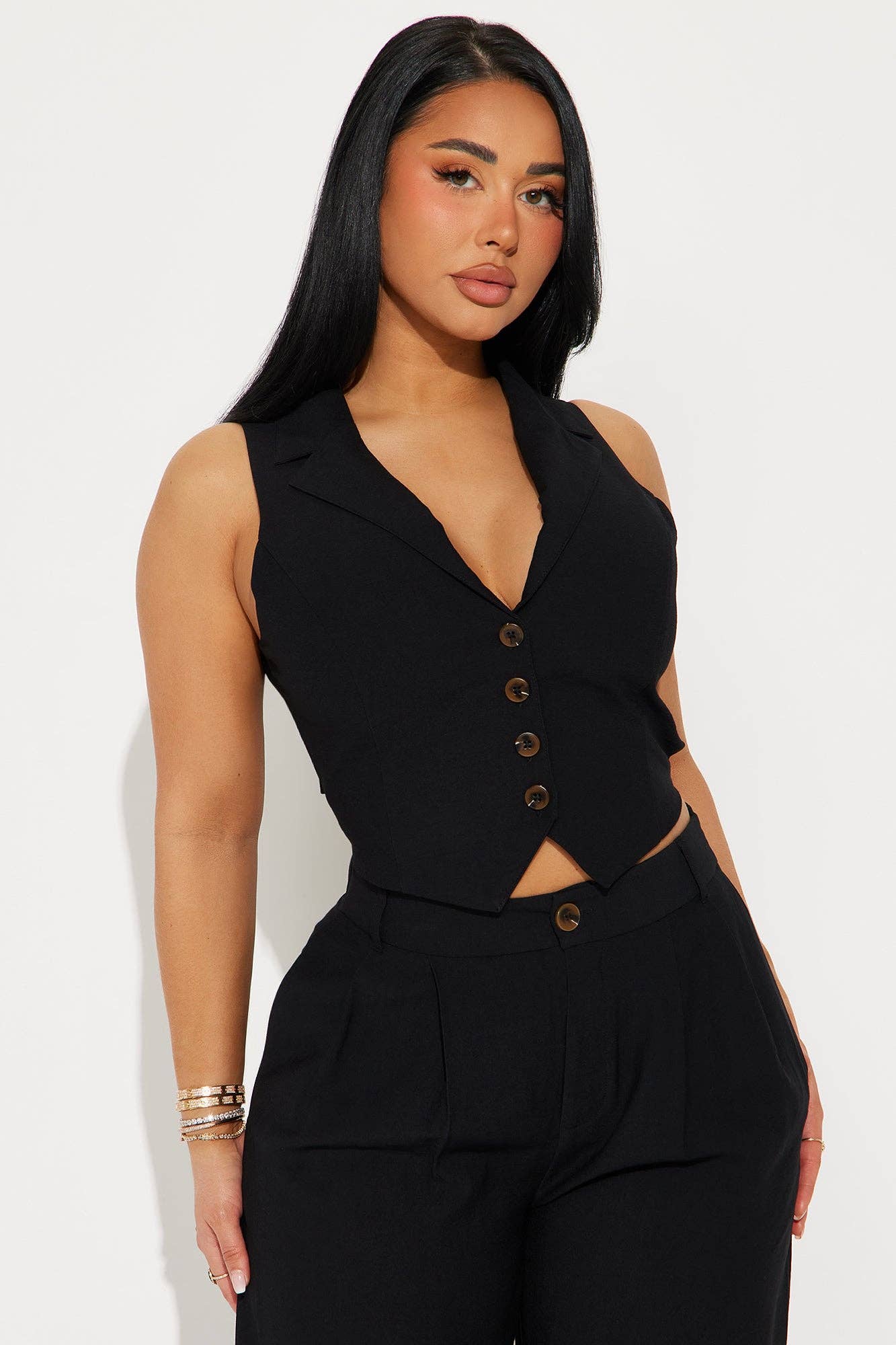 5besties inc - Wholesale Top & Pant Set (NOT Loungewear) - Women's - BUTTON DOWN COLLARED VEST AND WIDE LEG PANTS SET4