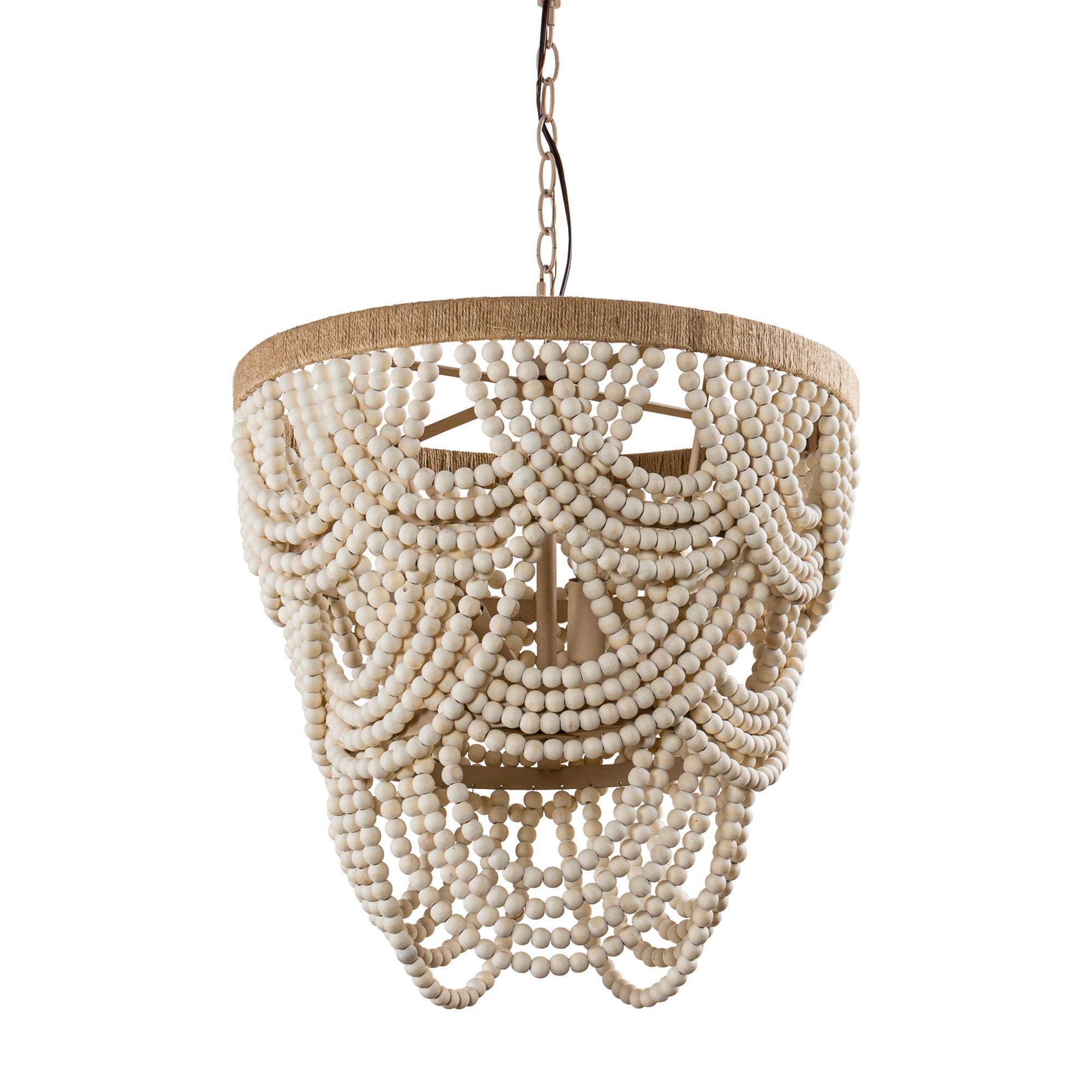 Off White Lusteria 20" Wood Bead 4-Light Tiered Coastal Chandelier for wholesale on Faire1