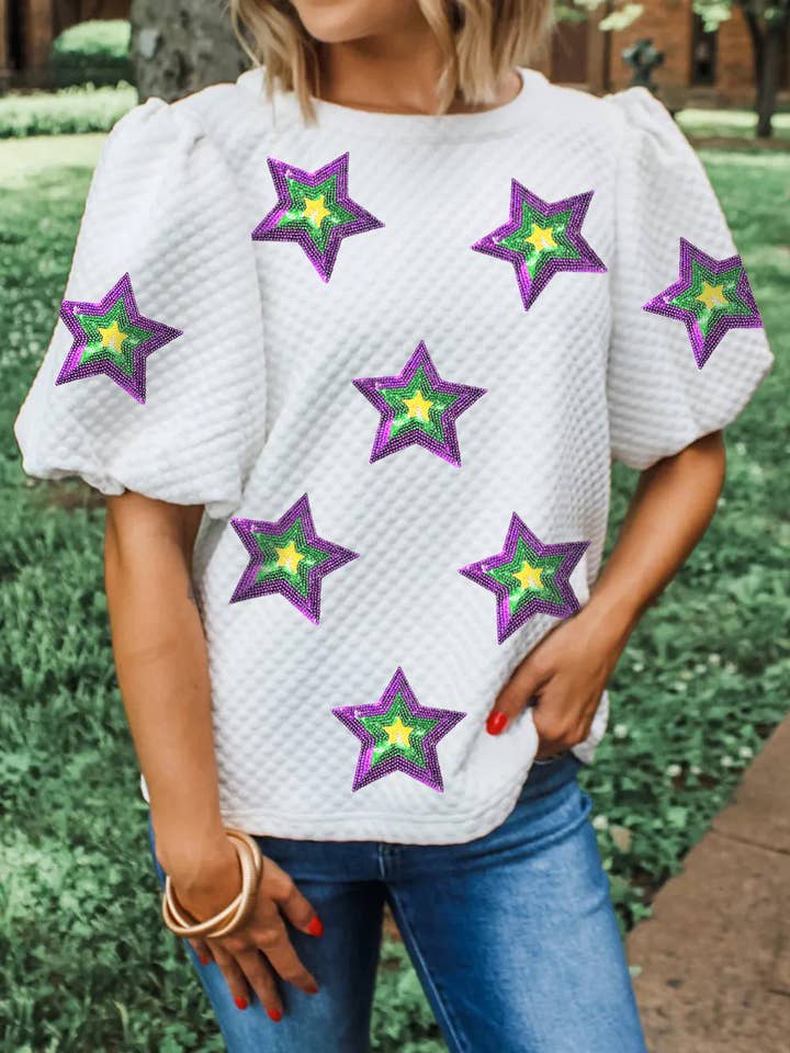 Sequin Mardi Gras Star Graphic Puff Sleeve Blouse for wholesale by Umorger