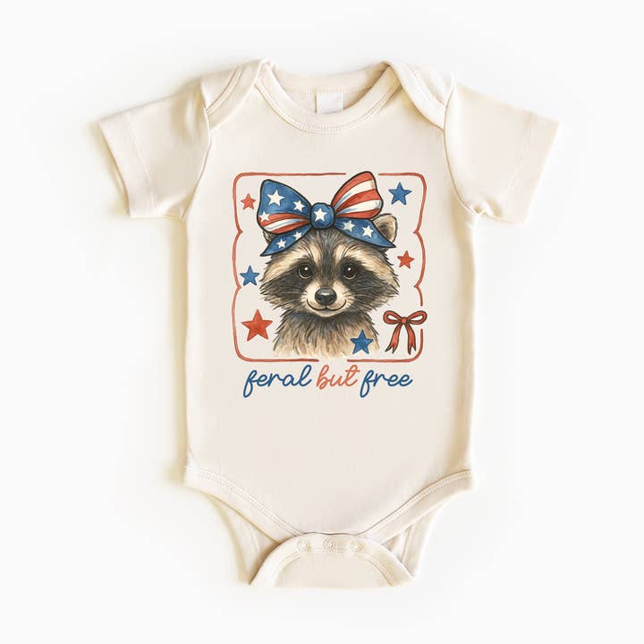 Funny Feral and Free Girls Baby Onesie, 4th of July Bodysuit for wholesale by Hudson Finn Apparel