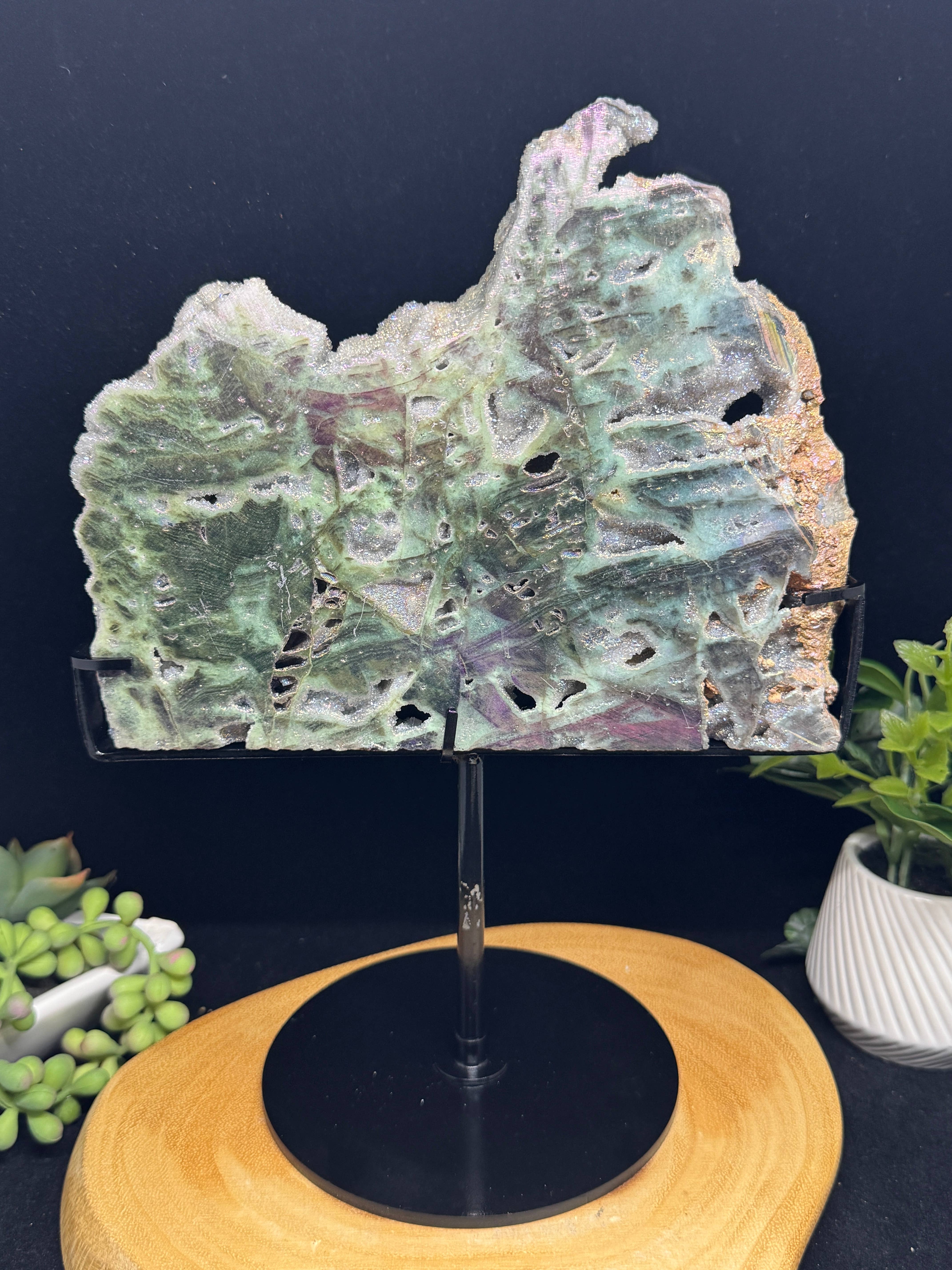 The 7 Directions - Wholesale Spiritual Stone/Crystal - 10 " Lg Angel aura sphalerite slab w/ custom stand F6723