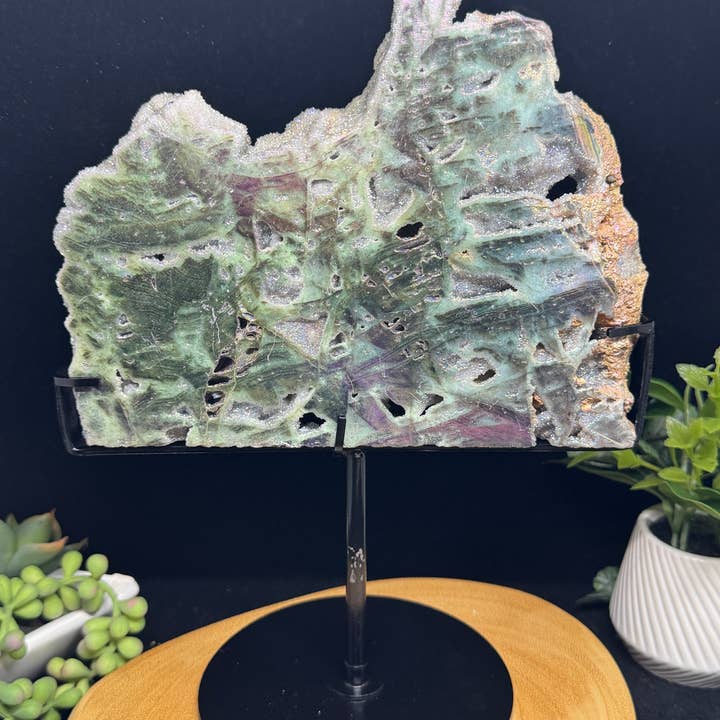 The 7 Directions - Wholesale Spiritual Stone/Crystal - 10 " Lg Angel aura sphalerite slab w/ custom stand F6723