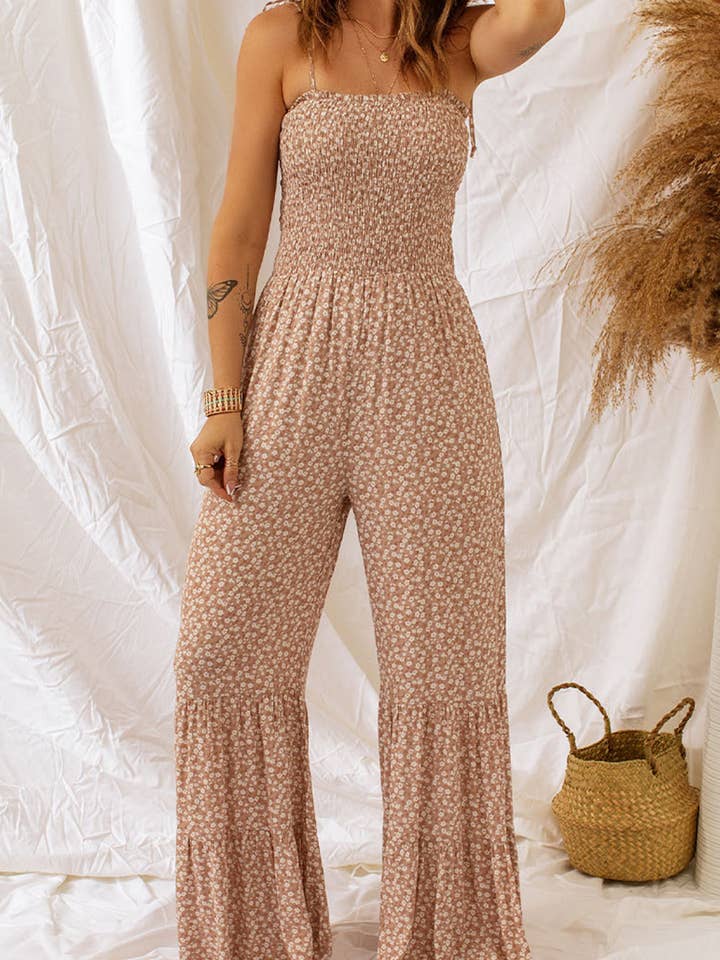 Lovesoft - Wholesale Jumpsuit - Women's - Thin Straps Smocked Bodice Wide Leg Floral Jumpsuit