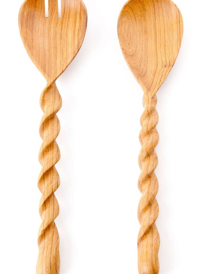 Kenyan Wild Olive Wood Spiral Salad Server Set for wholesale by Swahili | AFRICAN MODERN