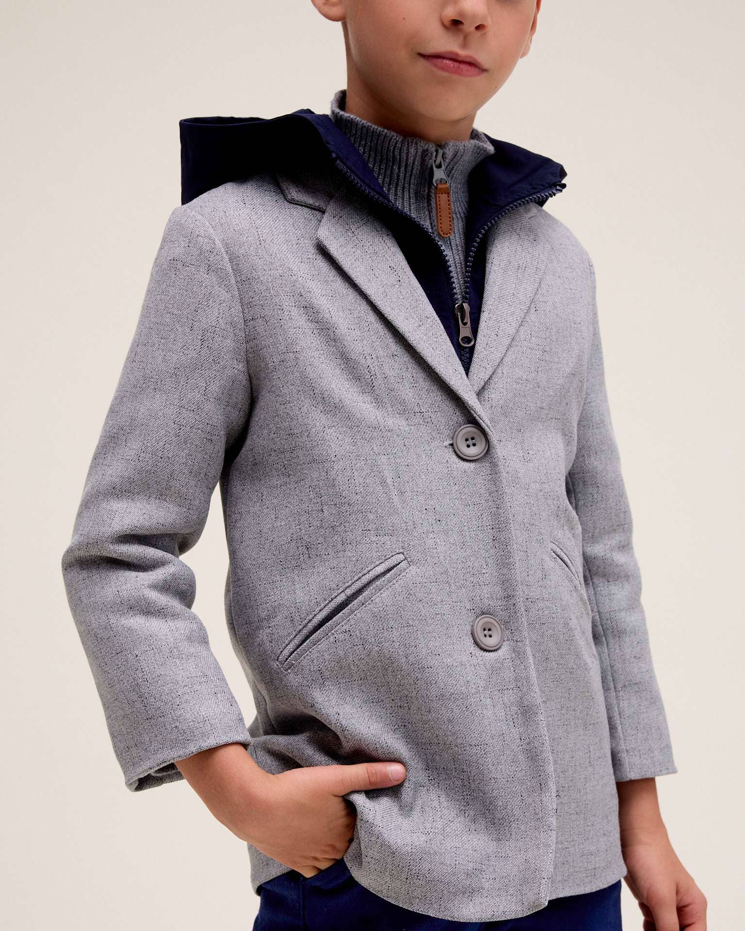 Grey Boy's blazer-style coat in heather gray with a hood for wholesale on Faire2