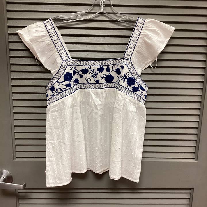 Blue Embroidered Top for wholesale by Wooden Elephant Boutique