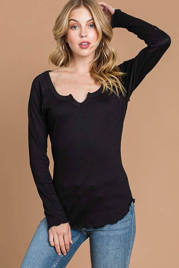 Culture Code - Wholesale Knit Top - Women's - CRT1840L - TINY NOTCH NECK MERROW LSLV TOP1