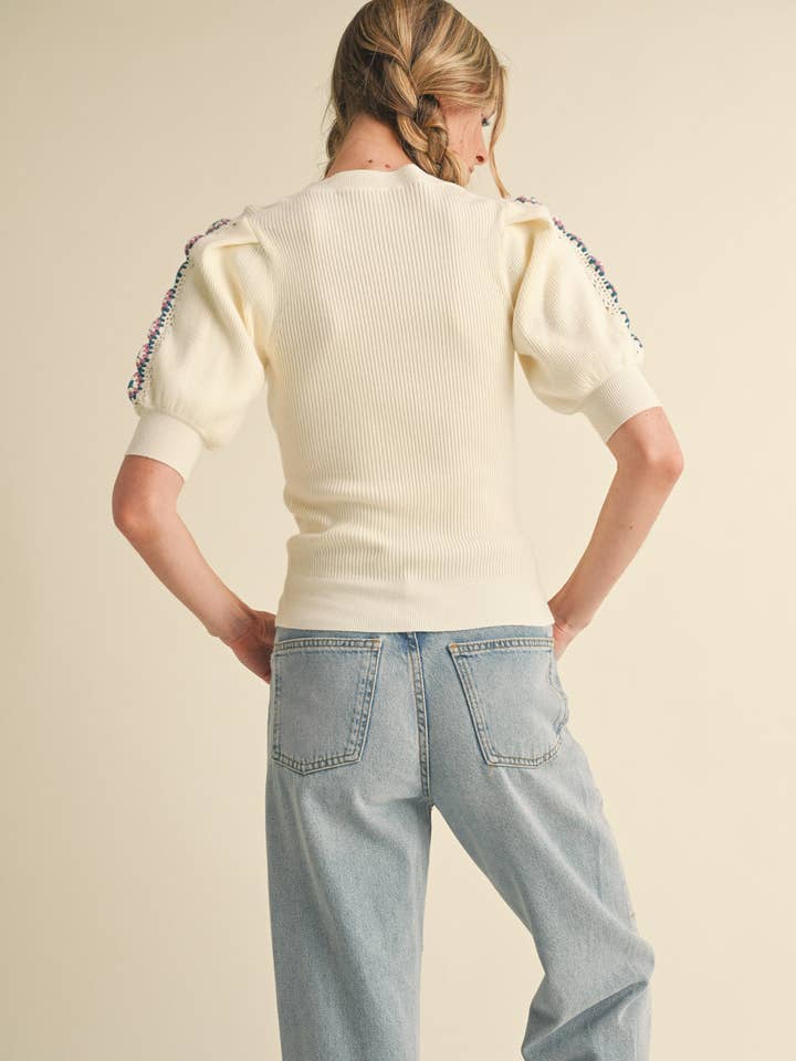 &MERCI - Wholesale Knit Top - Women's - HAND-MADE CROCHET PUFF SLEEVE SWEATER MSW105676