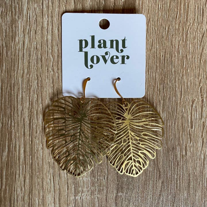 Large Gold Lace Monstera Dangle Earrings for wholesale by Plant Lover