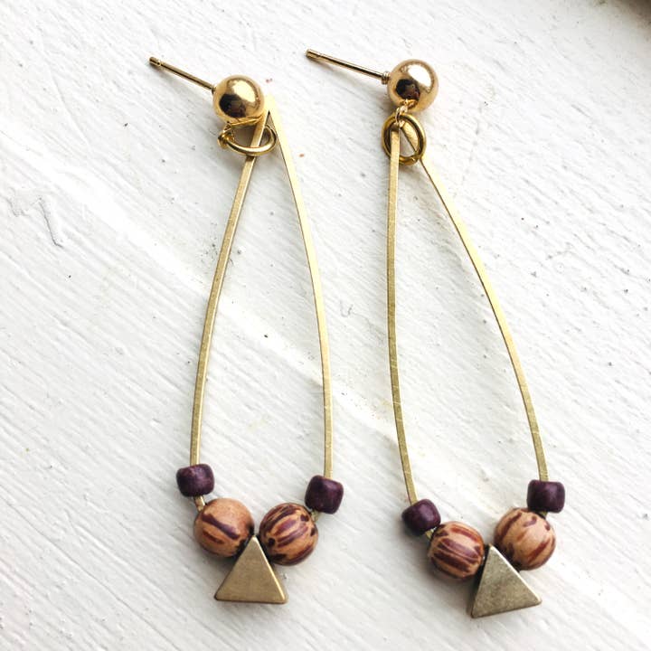 Teardrop Hoop Earrings with Wood and Brass Beads for wholesale by Permanent Baggage