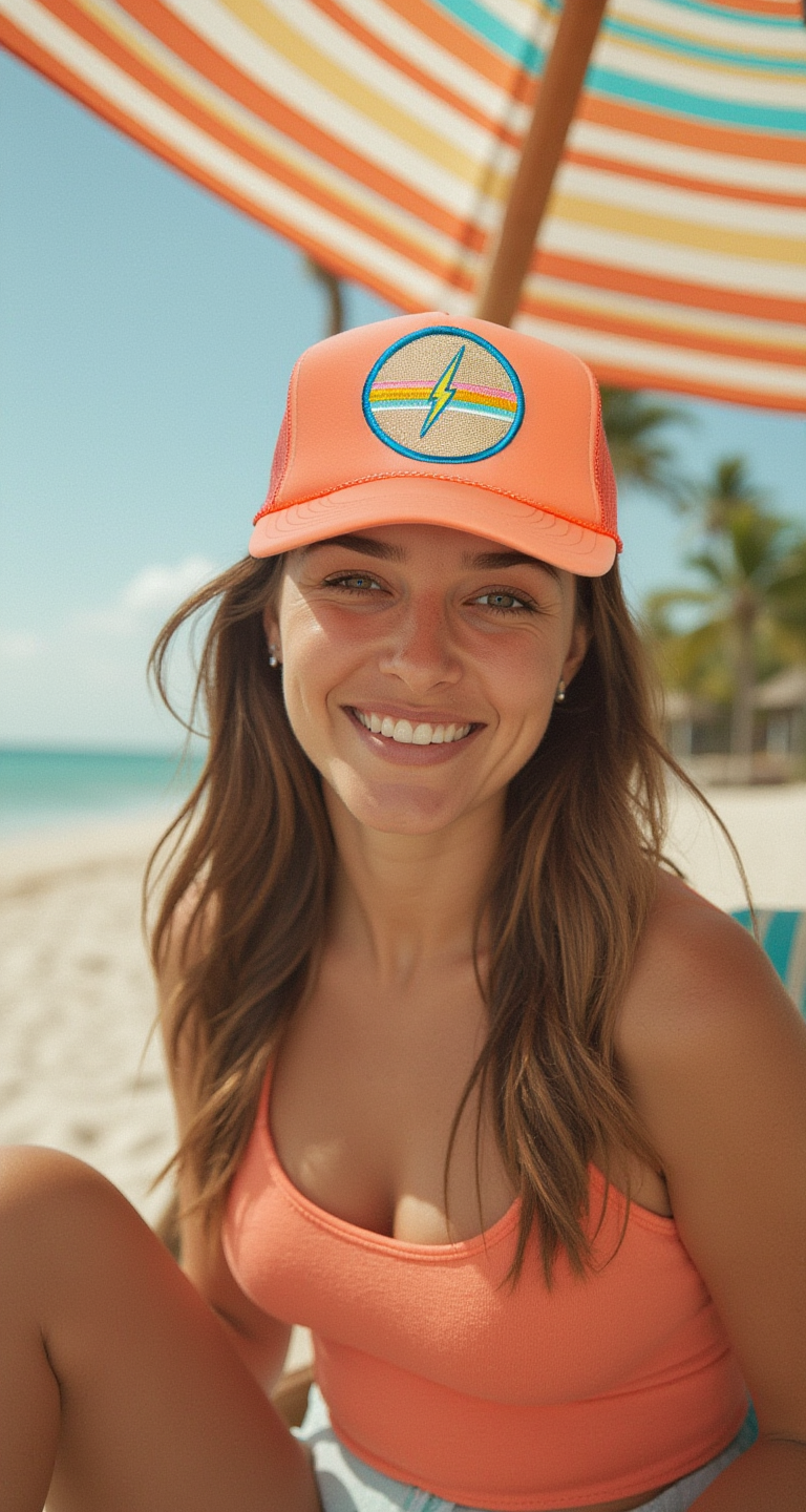 Electric Rainbow Trucker Hat in Coral for wholesale on Faire3