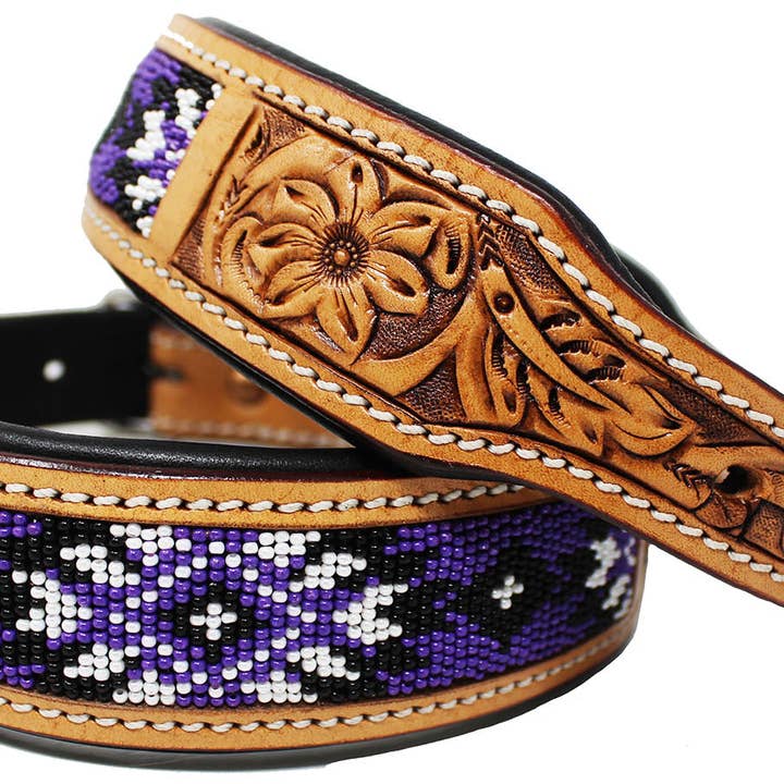 Violet brun Collier pour chien en cuir rembourré à perles florales usiné à la main 60178 en vente sur Faire1