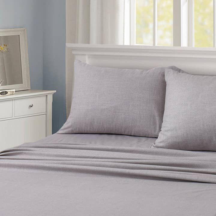 Flannel Printed Solid Textured Light Silver Grey Sheet Set for wholesale by New Season Textile Inc