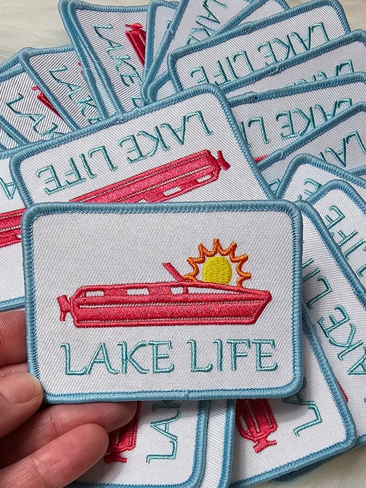 'Lake Life' Boat and Sun Embroidery Iron On Patch for wholesale by Scratch Decor