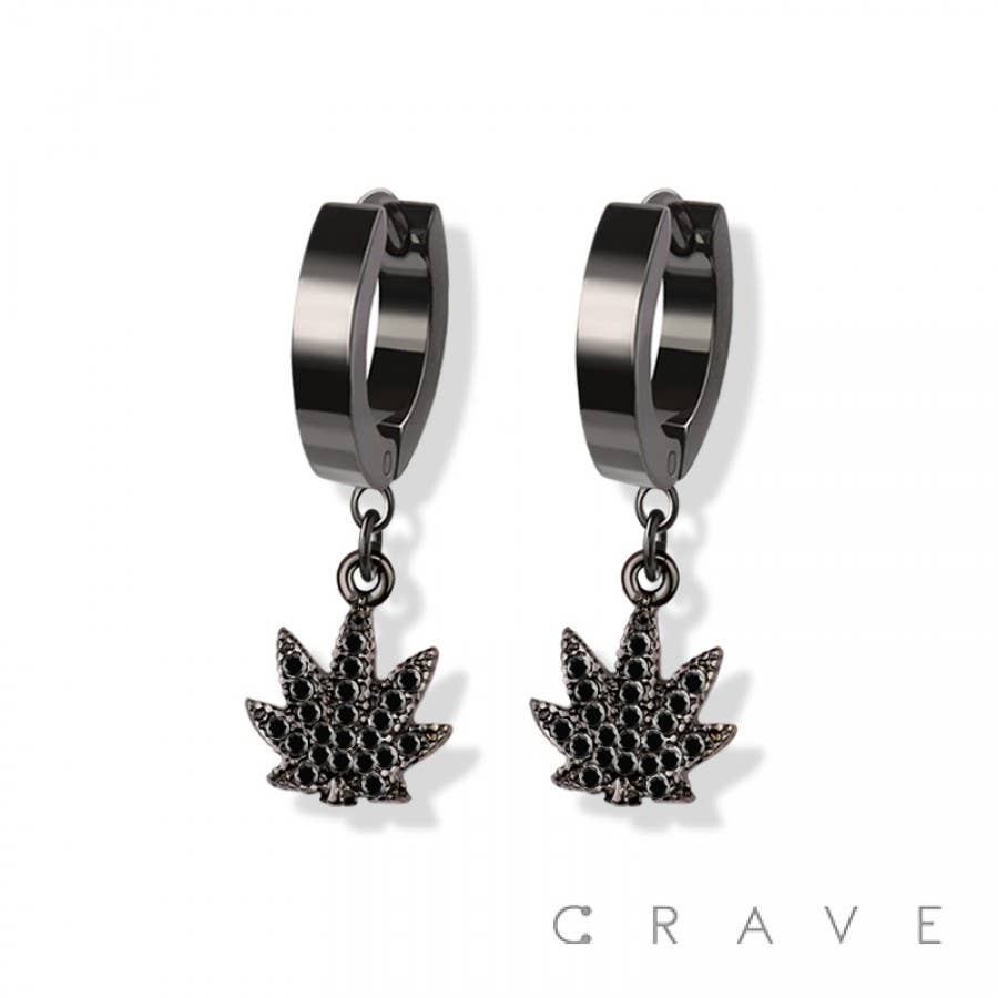 CRAVE - Wholesale Dangle Earrings - PAIR OF 316L SS EARRINGS W/GEM PAVED MARIJUANA PENDANT2