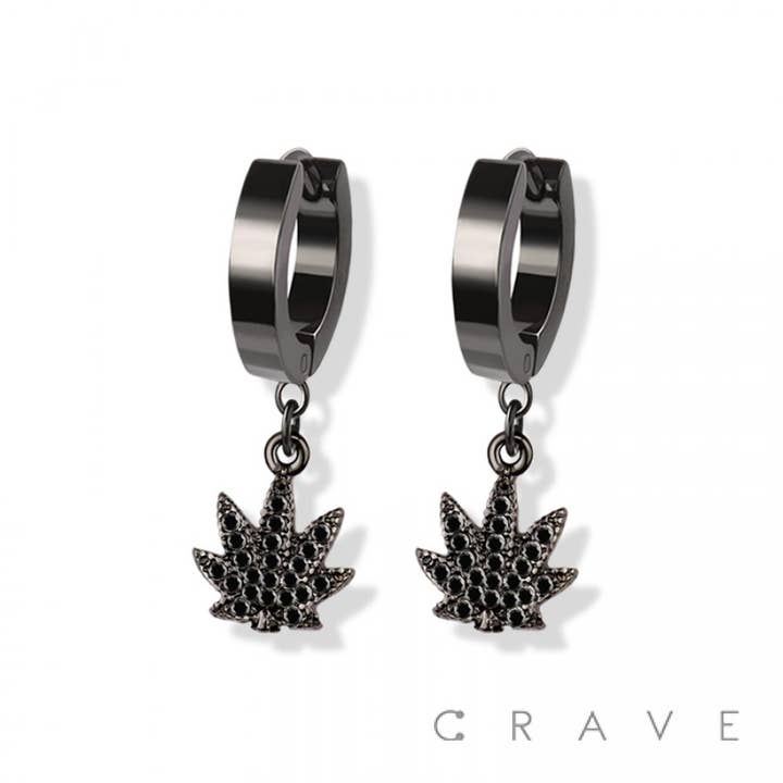 CRAVE - Wholesale Dangle Earrings - PAIR OF 316L SS EARRINGS W/GEM PAVED MARIJUANA PENDANT2