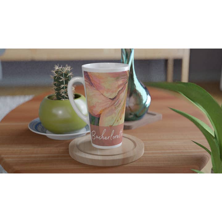 Barbara Cleary Designs - Vendita all'ingrosso Tazza - Tazza da latte in ceramica bianca da 17oz 'Bachelorette' | Collezione da sposa con opera d'arte 'Amaryllis' dell'artista americana Barbara Cleary