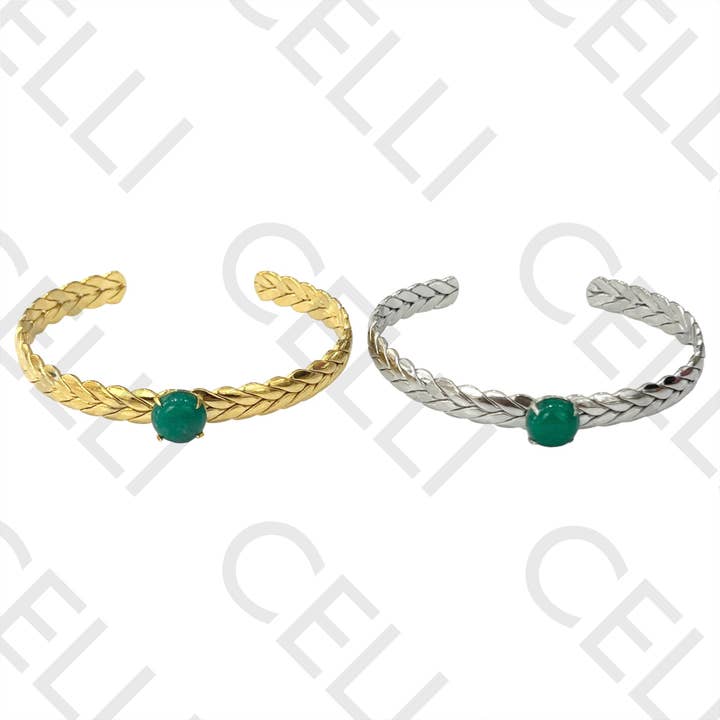 Steel Bracelet - braided with green stone for wholesale by Celli Biju