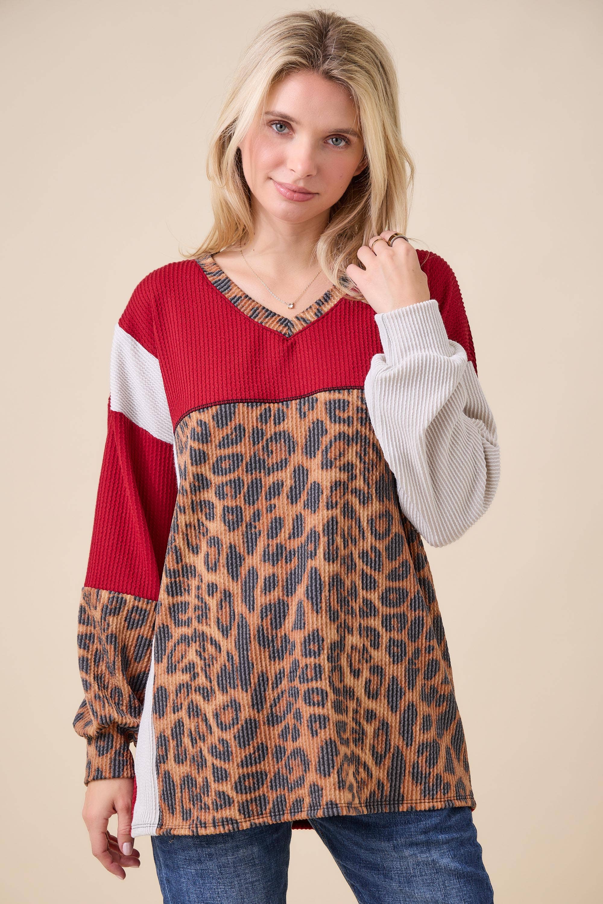 Celeste Clothing - Wholesale Knit Top - Women's - WOMEN'S RIB COLOR BLOCK ANIMAL PRINT LONG SLEEVE TOP1