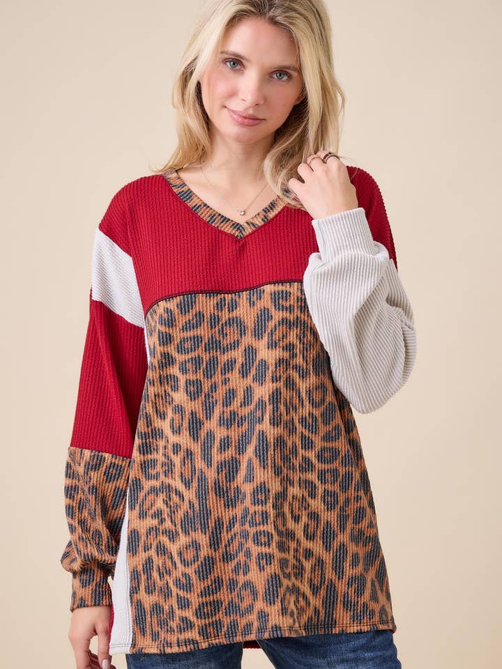Celeste Clothing - Wholesale Knit Top - Women's - WOMEN'S RIB COLOR BLOCK ANIMAL PRINT LONG SLEEVE TOP1