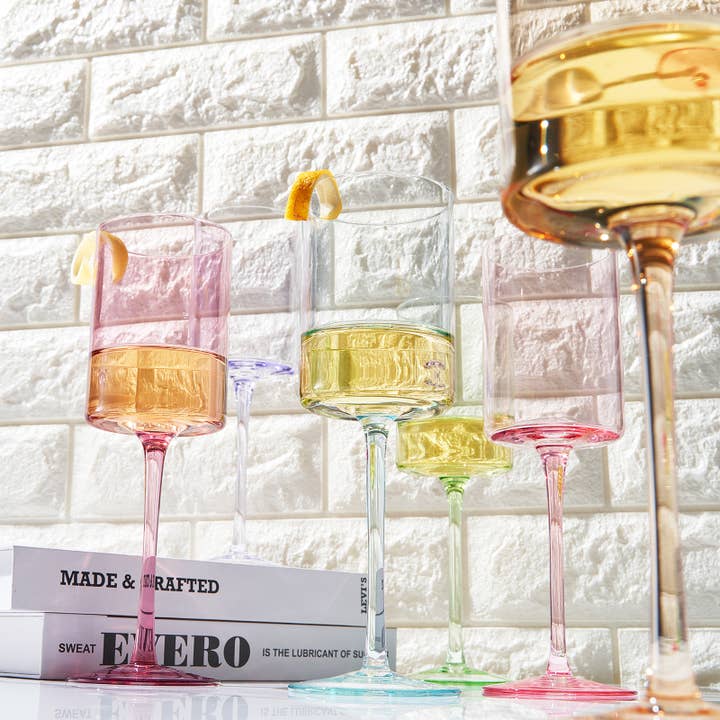 The Wine Savant / Khen Glassware - Wholesale Wine Glass - Colored Square Crystal Wine Glasses | 6 Set, 12 OZ