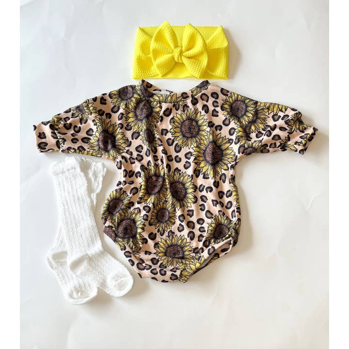 Cheetah Sunflower Sweater Romper for wholesale by Tiny toes Baby Co