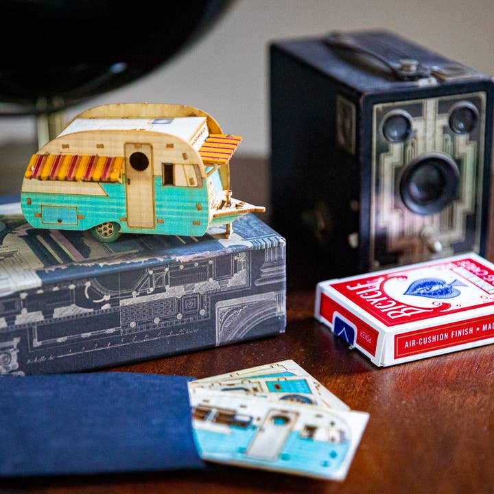 MINI Vintage Camper Wooden Model Christmas Ornament, Desktop playset, snaps together. 3D puzzle trailer kit that makes a great gift for men! for wholesale by One Man One Garage