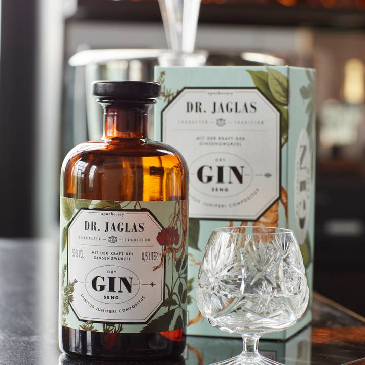 Dr. Jaglas - Vendita all'ingrosso Gin - Dry Gin Seng gin artigianale, senza zucchero, vegano, con confezione regalo design4