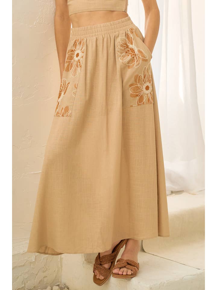 TAUPE ILS4872 EMBROIDERY SMOCKED BACK TOP WITH MAXI SKIRT for wholesale on Faire