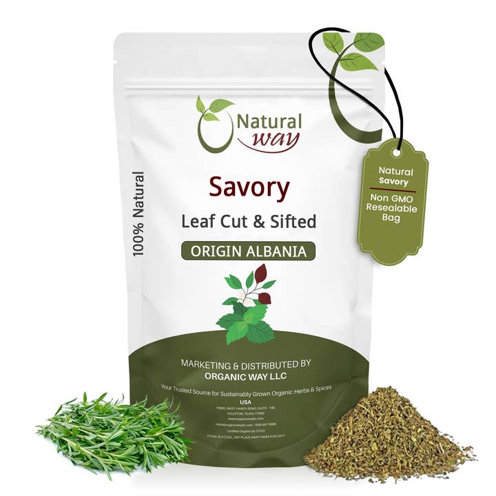 Natural Savory Leaf Cut & Sifted (Satureja hortensis) | Herbal Tea - European Wild-Harvest | Kosher Certified | Non GMO & Gluten Free | USDA Certified | Origin - Albania for wholesale by Organic Way LLC