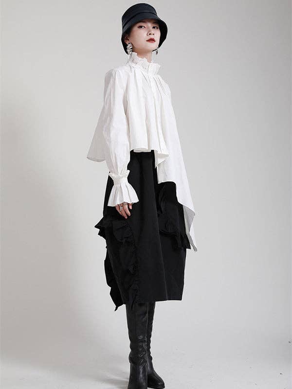 WHITE Original Stylish Irregular Pleated Buttoned Stand Collar Long Sleeves Blouse for wholesale on Faire7