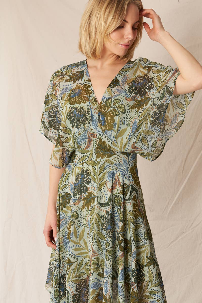Vert Multi Robe longue en gaze imprimée à col en V en vente sur Faire4