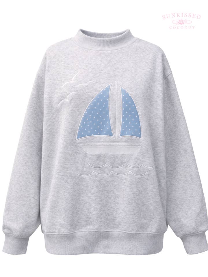 Sunkissed Coconut - Wholesale Sweatshirt - Women's - Polka Dot Sailboat Embroider Mockneck Sweatshirt6