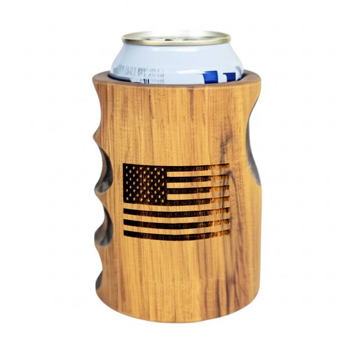 Beer Koozie - Hand Carved Wood - American Flag Engraved for wholesale by Beer Drinking Accessories