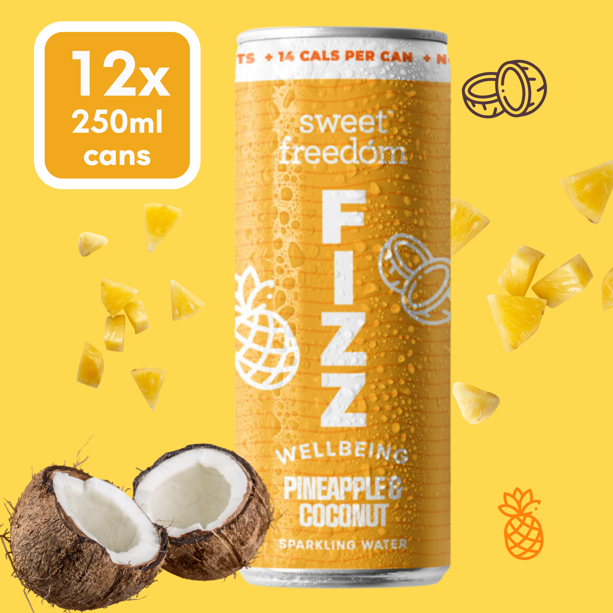 Sweet Freedom – wholesale Sparkling water – Sweet Freedom FIZZ™ Pineapple & Coconut sparkling water, 12x 250ml cans1