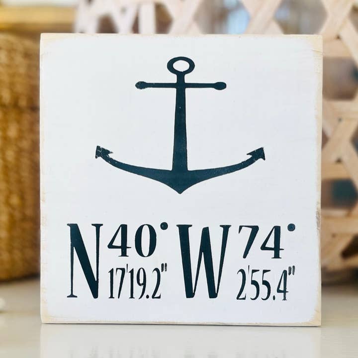 Anchor Beach Wood Sign With Coordinates Latitude & Longitude for wholesale by Carlson's Custom Signs
