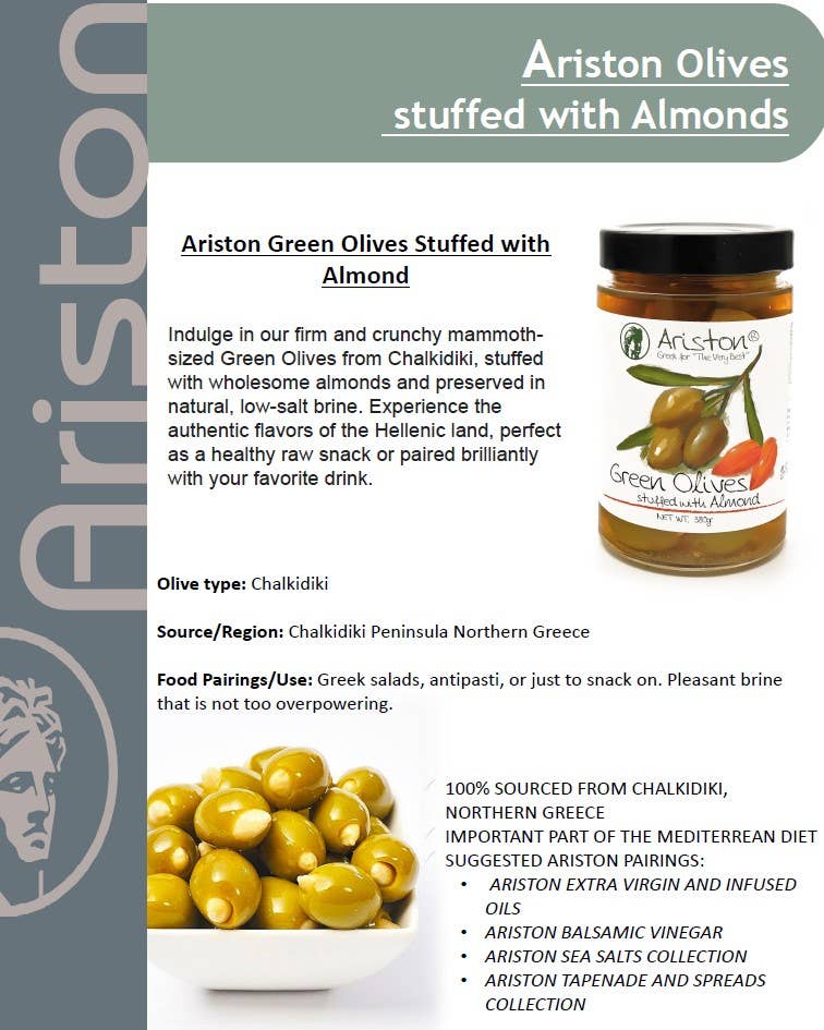 Ariston Specialties - Wholesale Olives - Ariston Green Olives Stuffed Almond-13.40oz4