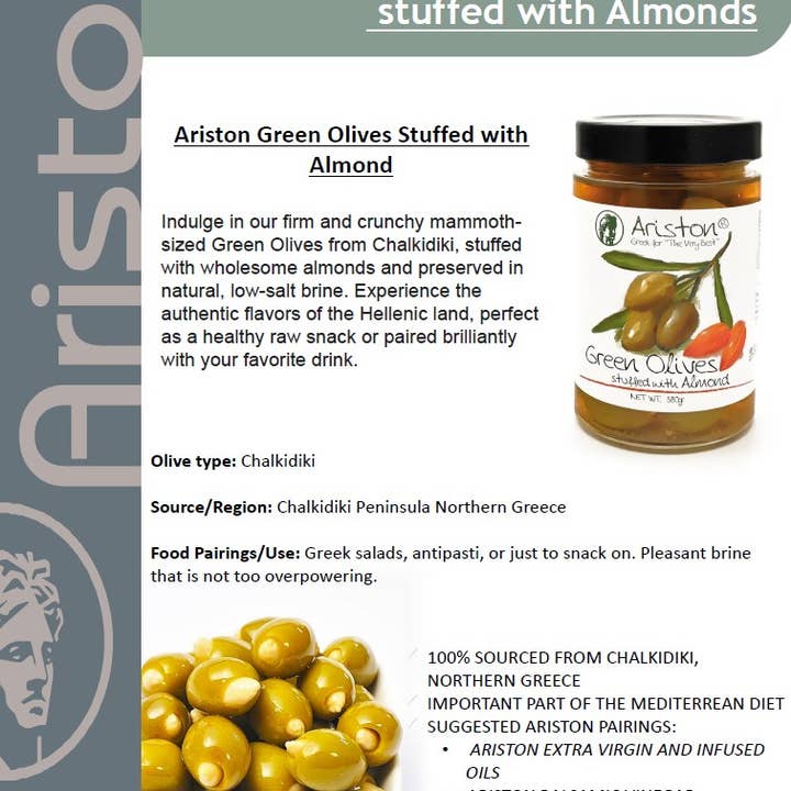 Ariston Specialties - Wholesale Olives - Ariston Green Olives Stuffed Almond-13.40oz4