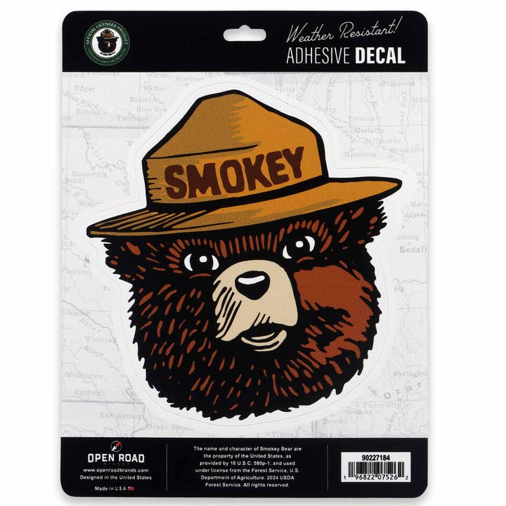 Smokey Bear Head Adhesive Decal for wholesale by Open Road Brands, LLC