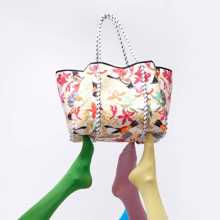 LARGE NEOPRENE TOTE BAG BIRDS AND FLOWER PRINT for wholesale by Pop Ups Brand