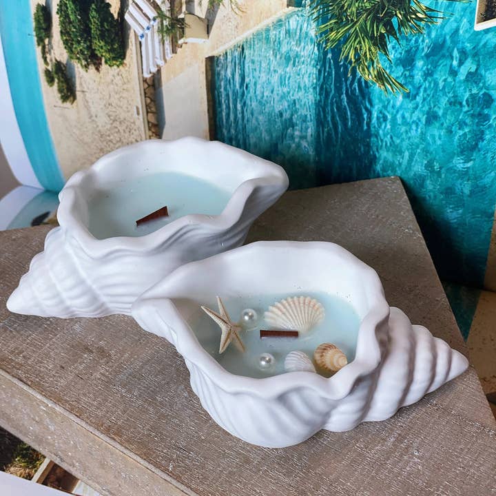 Crazy About Candles - Wholesale Jar/Filled Candle - Ocean’s Whisper Scented Candle in Jesmonite Shell Vessel