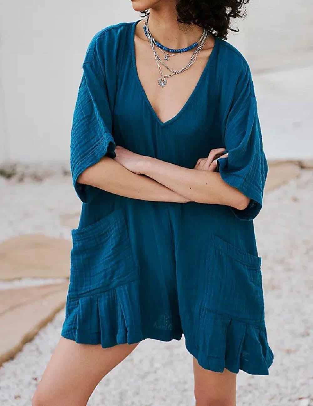 Sweetkama - Wholesale Romper - Women's - Flouncy Shapeless V-Neck Draped Sleeves Romper SKJ18122