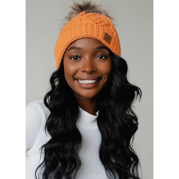 Panache Apparel Co. - Wholesale Beanie - Women's - Light Orange Cable Knit Pom Hat