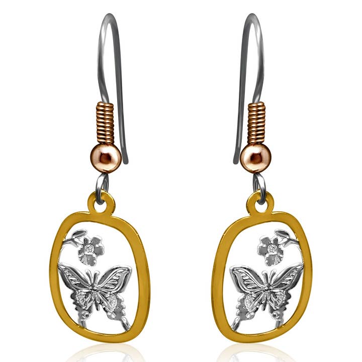 SH 37 Butterfly cut out silver and gold color earrings for wholesale by COPPER ARTS INC.