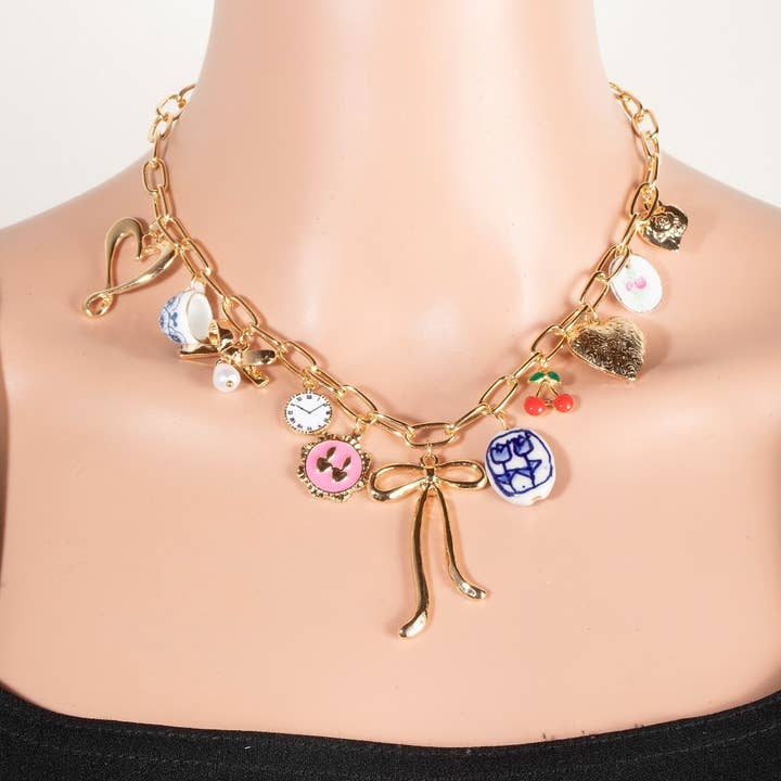 GD Assorted Floral Heart And Bow Charms Chain Necklace for wholesale on Faire