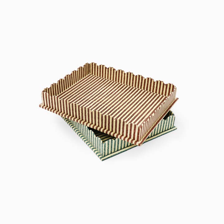 Craft Boat - Wholesale Decorative Tray - BLOCK PRINTED RECTANGULAR SCALLOPED TRAY - BLUE/BROWN 5