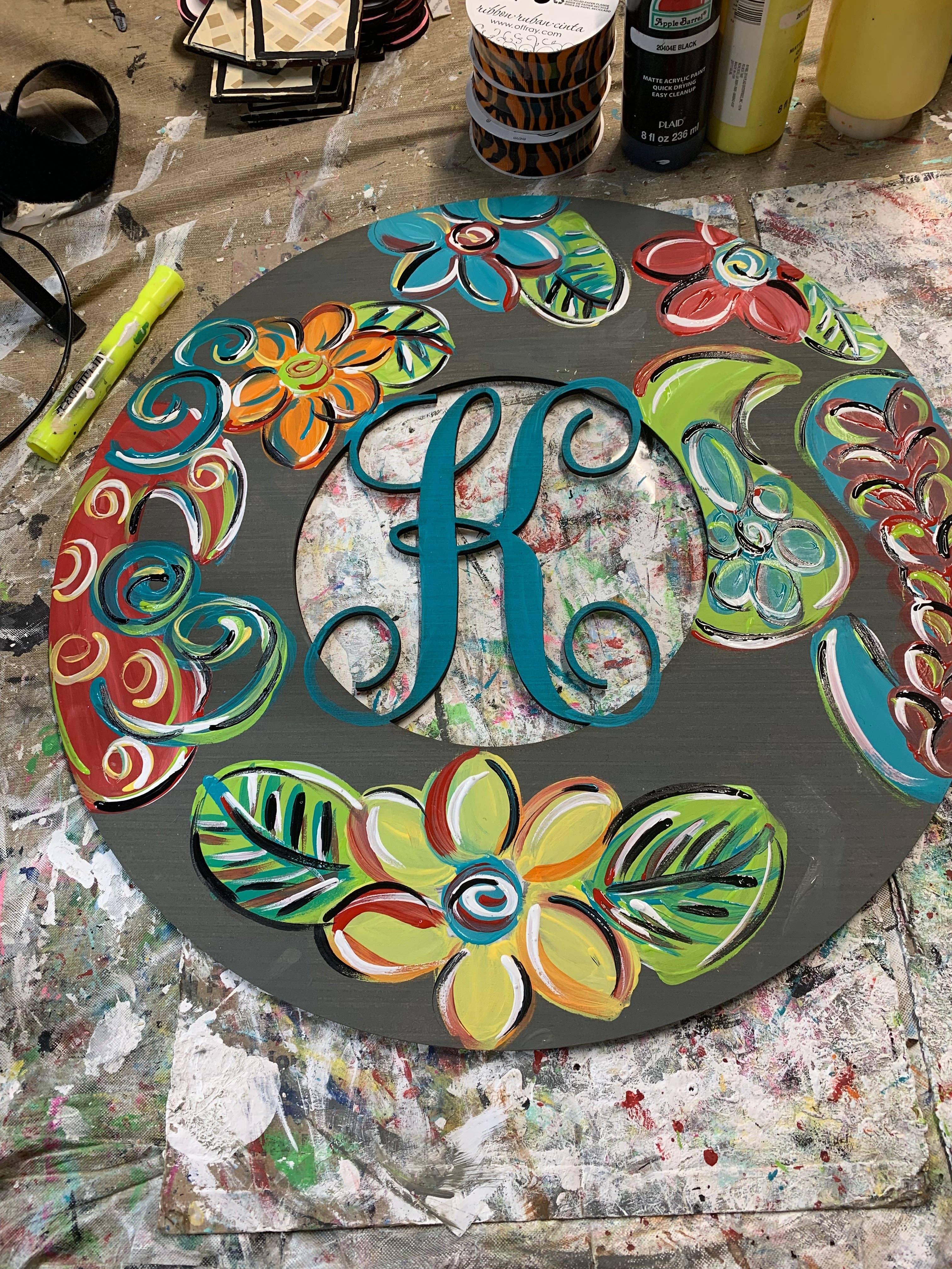 Sunflower Soul Art - Wholesale Door Hanger - Initial door hanger with bright colors on grey background1