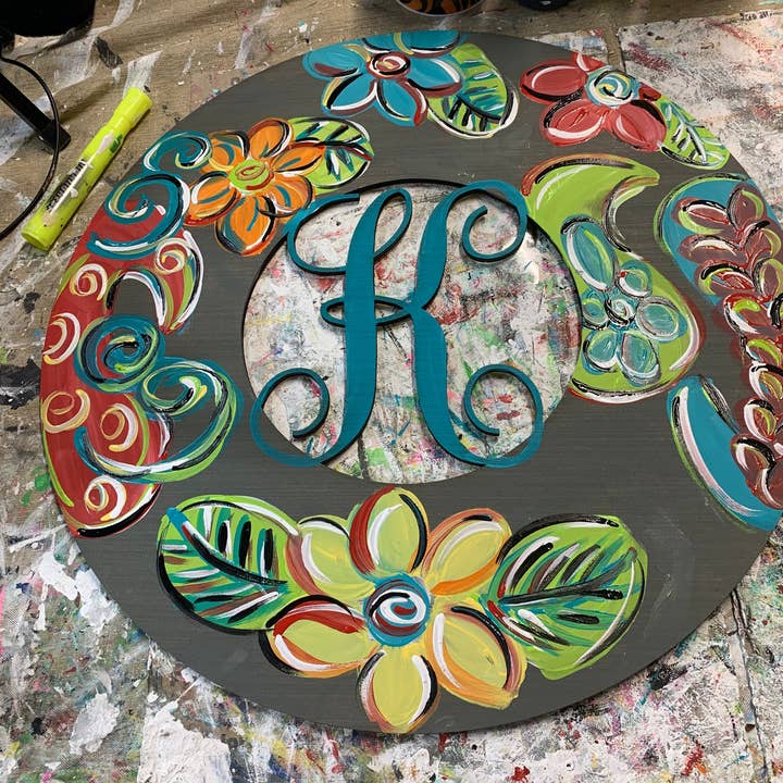 Sunflower Soul Art - Wholesale Door Hanger - Initial door hanger with bright colors on grey background1