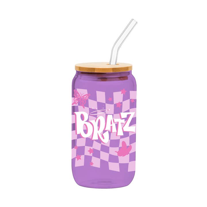 Bratz Logo & Icons 16oz Glass Tumbler w Bamboo Lid & Straw for wholesale by Silver Buffalo