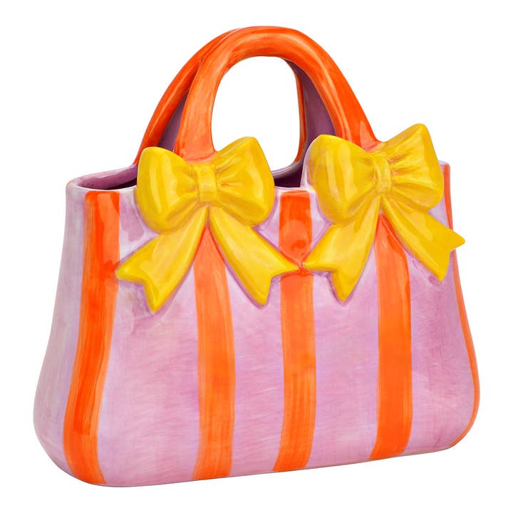 Vas Handväska randig med rosetter av keramik, Rosa/Rosa/Gul (B/H/D) 18x17x8cm för wholesale av Wurm